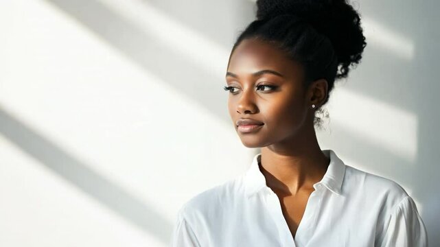 Elegance in Sunlight: A captivating portrait of a poised woman in a sun-drenched setting. Her serene expression and classic attire exude understated elegance and confidence.