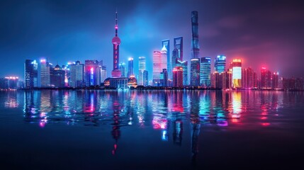 Fototapeta premium Night Lights of Shanghai Skyline: A Vibrant Cityscape Reflection