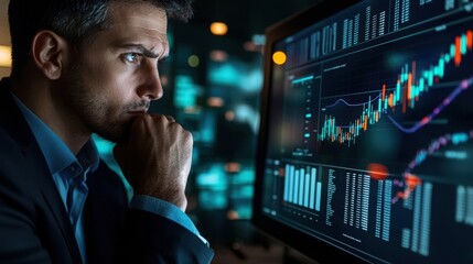 Focused Businessman Analyzing Data Trends on Computer Screen