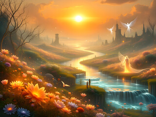 Ethereal Garden of Light: Glowing Flowers, Crystal Rivers, and Radiant Beings Under a Golden Sunset Sky.