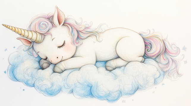 cute unicorn with colorful mane peacefully sleeps on fluffy cloud, surrounded by dreamy atmosphere. gentle expression and pastel colors create serene and magical scene