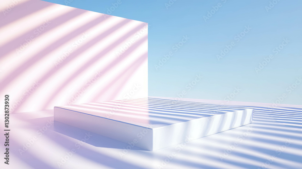 Poster modern minimalist scene with floating white platform in soft pastel lighting