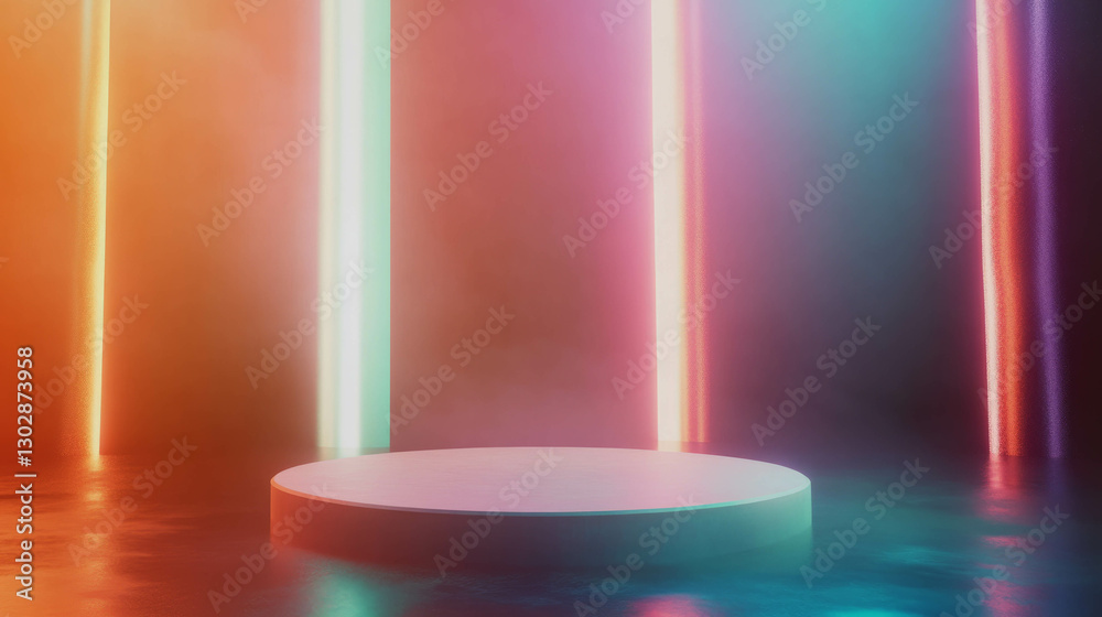 Aufkleber Colorful geometric abstract background with floating platform and neon lights for modern design