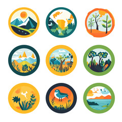 Colorful Nature Scene Icons Featuring Mountain, Water, Flora, and Fauna