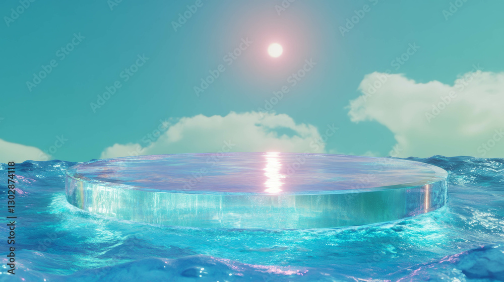 Poster abstract glass podium in ocean with surreal sky scene for modern design concepts