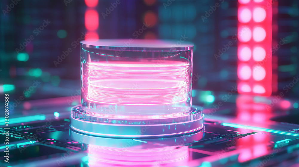Poster futuristic neon abstract background with reflective glass podium for display design