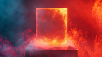 Fiery abstract background with glass podium for creative display