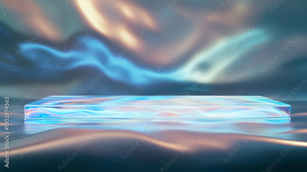 Poster futuristic abstract glass podium on a swirling colorful backdrop for modern design