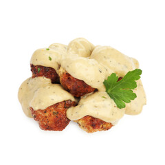Delicious meatballs with creamy sauce isolated on white