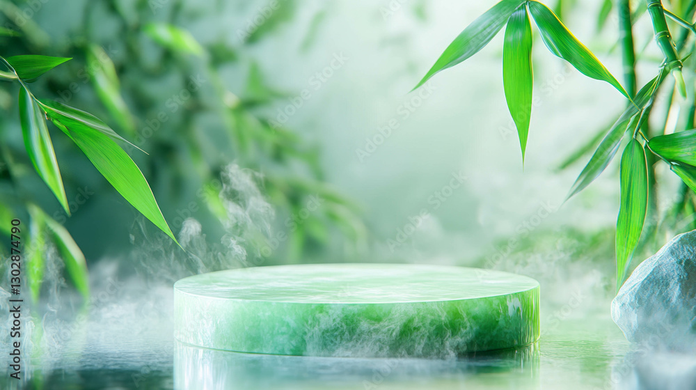 Poster jade green podium with mist and bamboo in abstract natural setting