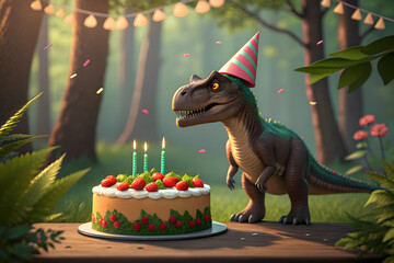 Exciting dinosaur themed birthday party with a T Rex wearing a party hat