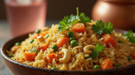 A hearty dish featuring fluffy rice mixed with vibrant carrots, peas, and roasted cashews, enhanced by fresh herbs served in a warm setting