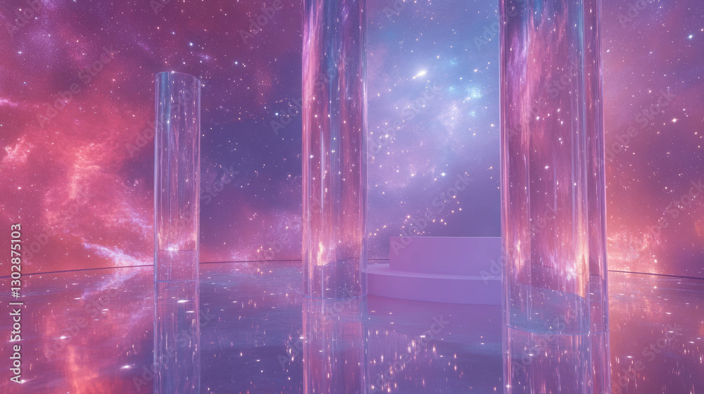 Poster futuristic abstract background with podium and cosmic scene for design inspiration