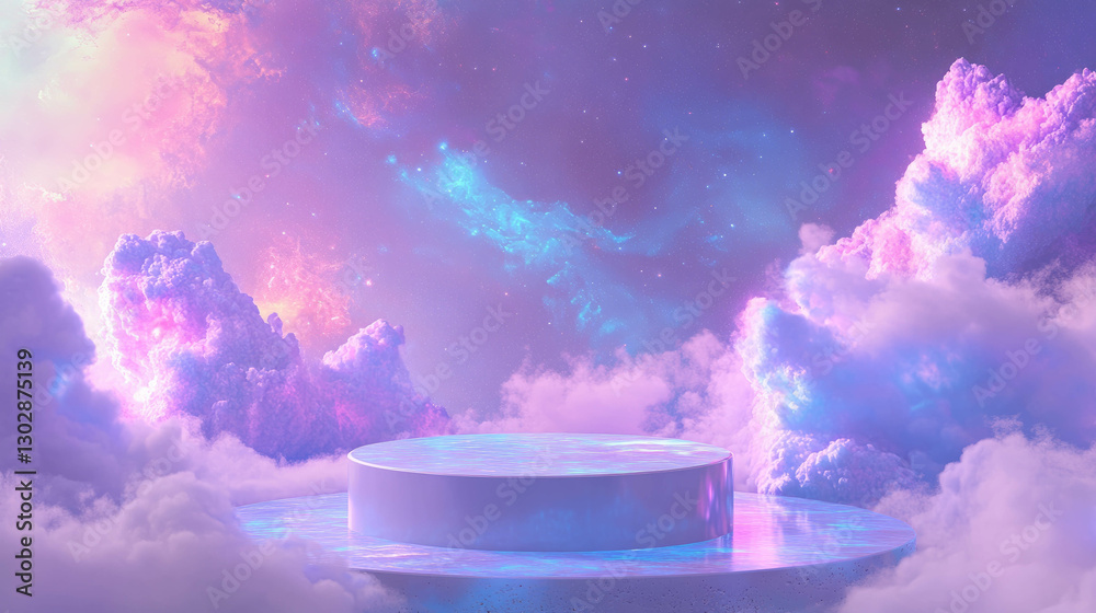 Poster Futuristic abstract cloudscape with podium for display and presentation design