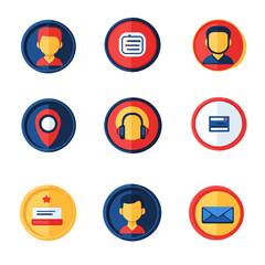 Colorful icons of people, location, mail, tasks, and audio on white