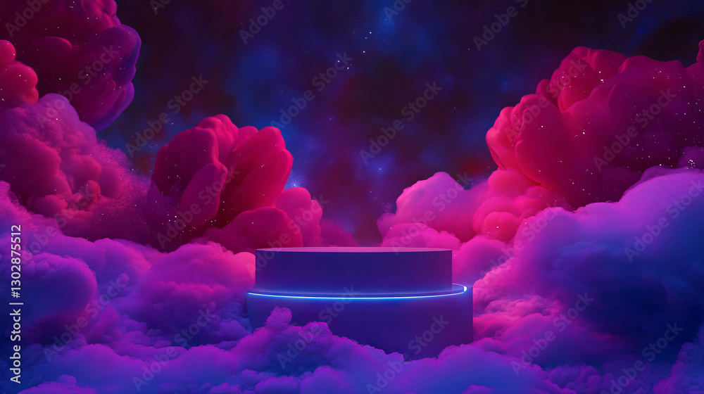 Poster futuristic abstract background with illuminated podium and neon clouds for creative design