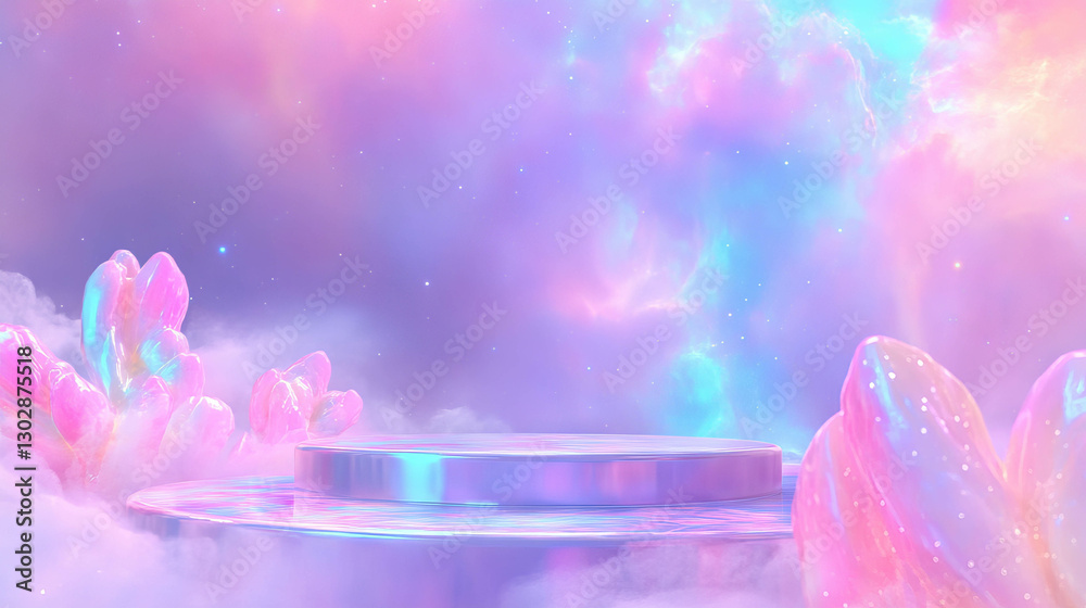 Poster ethereal fantasy background with podium for dreamy design concepts