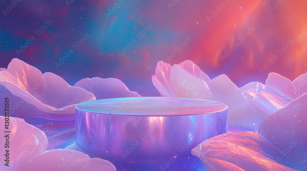 Poster Futuristic abstract scene with glowing podium and ethereal background design