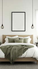 modern bedroom with bed and a mockup frame for wall art in iso ratio