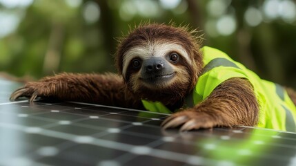 A charming sloth wearing a reflective vest rests on solar panels, symbolizing the fusion of nature and renewable energy in a playful, engaging manner.