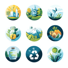 Nine eco-friendly circular icons represent sustainability and conservation