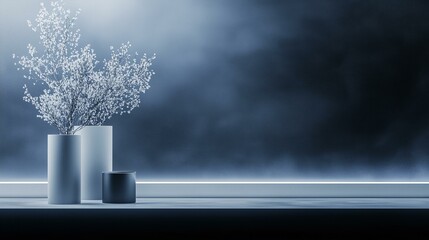 Elegant Minimalist Scene with Vases of White Flowers in a Foggy Blue Environment