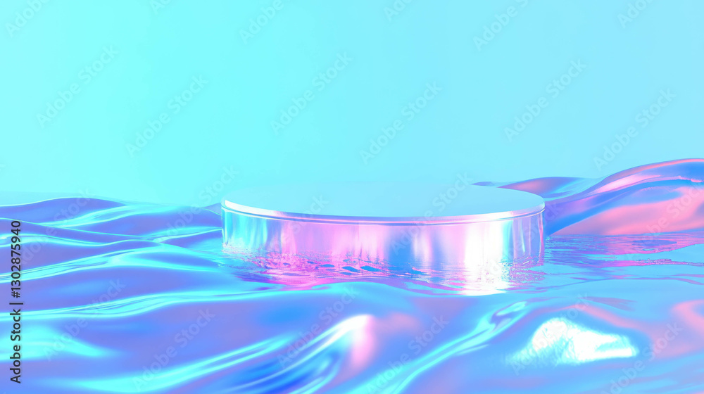 Poster Futuristic podium on iridescent waves for modern design and display concepts