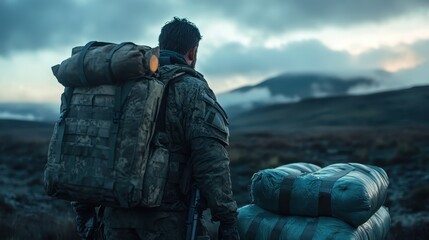 A soldier stands in rugged terrain with a tactical backpack, displaying military gear while preparing for potential challenges in the wild environment surrounding him.
