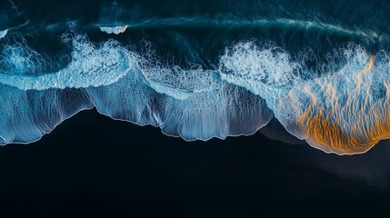 Fototapeta premium Aerial view of ocean waves crashing with vibrant blue and orange hues