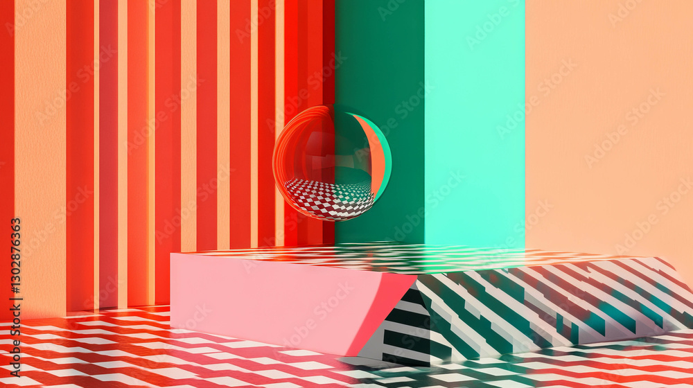 Poster vibrant geometric abstract scene with podium and floating sphere