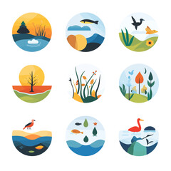 Nature Scenery Illustrations: Landscape Elements, Fauna, and Floral