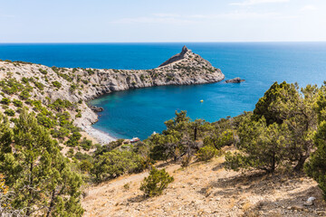 Views from the tourist mountain trail to Peak Cosmos on the Karaul-Oba mountain range on the Black Sea coast near the Golitsyn trail near  the village of Novy Svet, Crimea, Russia.