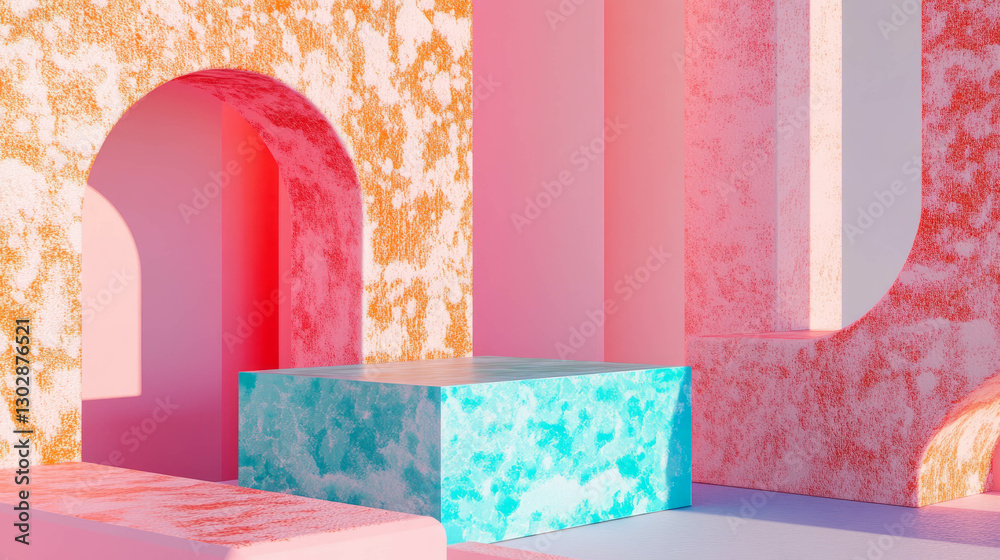Poster colorful abstract background with geometric podium and irregular textures for modern design