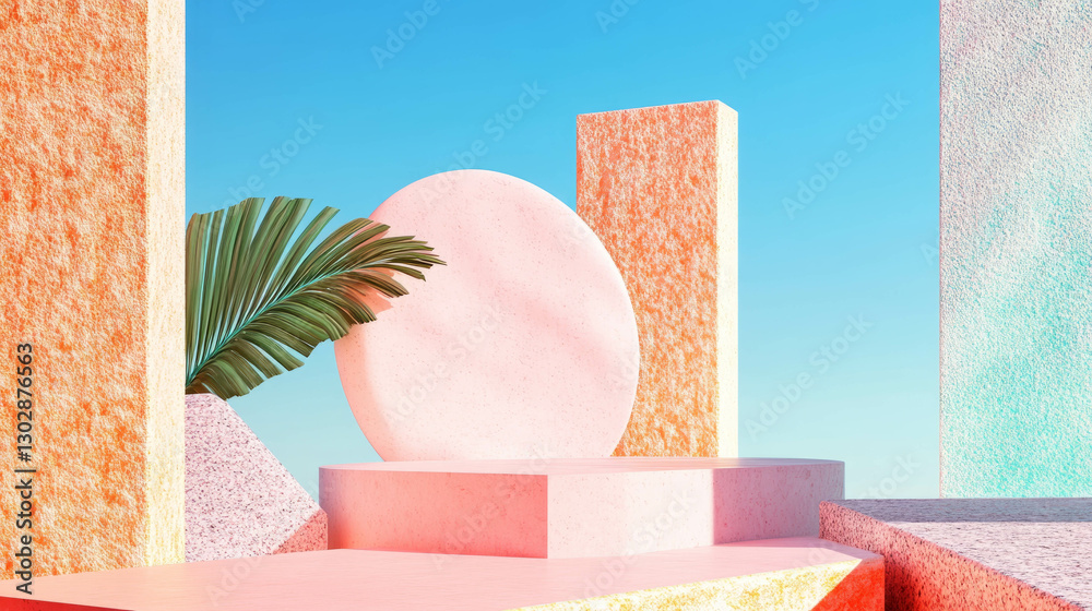 Poster abstract geometric background with podium and tropical leaf design for modern art display