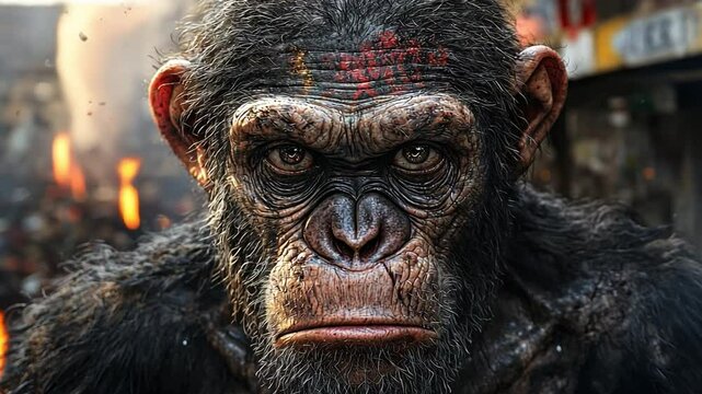 Intelligent apes thrive in a decaying human metropolis, showcasing a unique blend of nature and civilization's remnants.