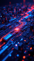 Obraz premium A vibrant close-up of a computer motherboard with blue and red lights, representing the interconnected technology of modern systems.