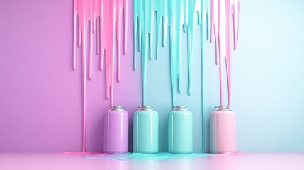 Four paint cans showcase beautiful drips of pastel colors, blending seamlessly into a colorful backdrop, creating a visually stimulating and artistic impression.