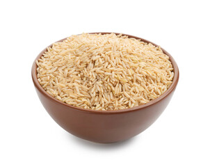 Raw brown rice in bowl isolated on white