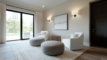 An elegant modern living room featuring stylish furniture and large windows that bring in natural light, creating a warm and inviting atmosphere for relaxation.