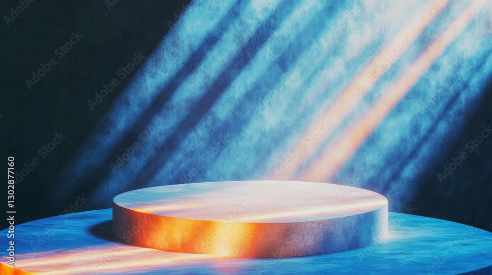 Aufkleber Illuminated podium in abstract background with colorful light rays for design inspiration