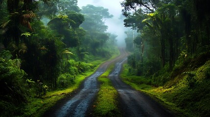 Fototapeta premium Travel photography scenic road through lush nature in a misty environment for wanderlust enthusiasts