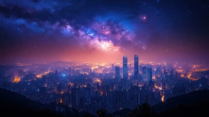 Obraz premium an awe inspiring cityscape featuring bright lights of towering skyscrapers against a deep starry sky background