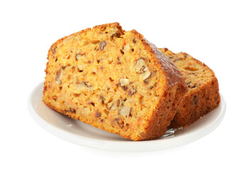 Cut homemade carrot cake with nuts isolated on white