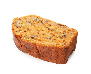 Piece of homemade carrot cake with nuts isolated on white