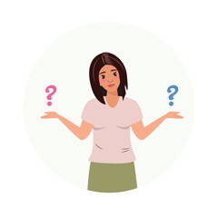 Illustration of a woman with hands open, questioning or thinking, with question marks above her palms