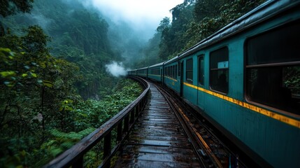An old teal train winds through a foggy, lush forest landscape, creating an enigmatic ambiance that reflects mystery and adventure in travel.