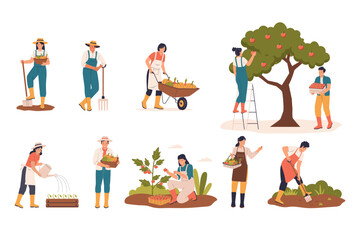 Set illustration of agricultural workers concept. Agricultural workers planting crops, gathering harvest. Illustration for website, landing page, mobile app, poster and banner.