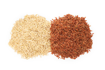 Different sorts of raw brown rice isolated on white, top view