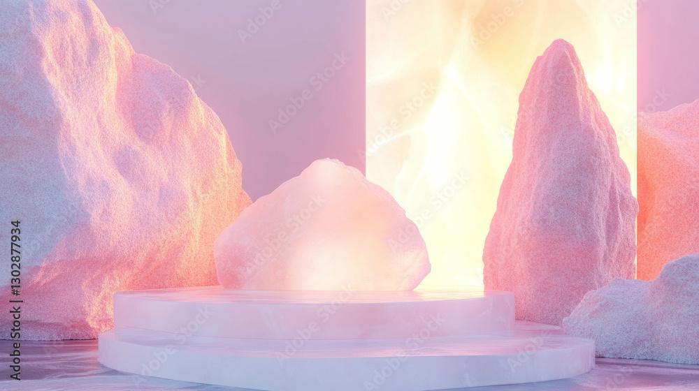 Poster abstract frosted podium in dreamy pastel environment for design projects