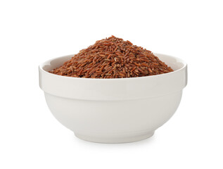 Raw brown rice in bowl isolated on white